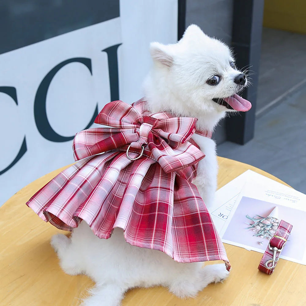Puppy Dog Adjustable Harness Pet Plaid Skirt Cat Dog Vest Type Traction Clothes Small Dog Party Birthday Wedding Bowknot Dress
