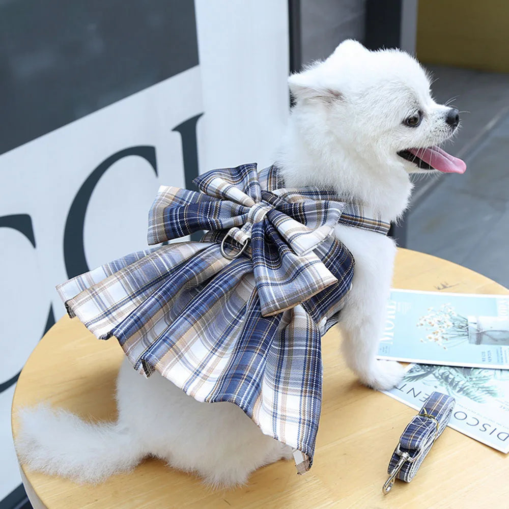 Puppy Dog Adjustable Harness Pet Plaid Skirt Cat Dog Vest Type Traction Clothes Small Dog Party Birthday Wedding Bowknot Dress