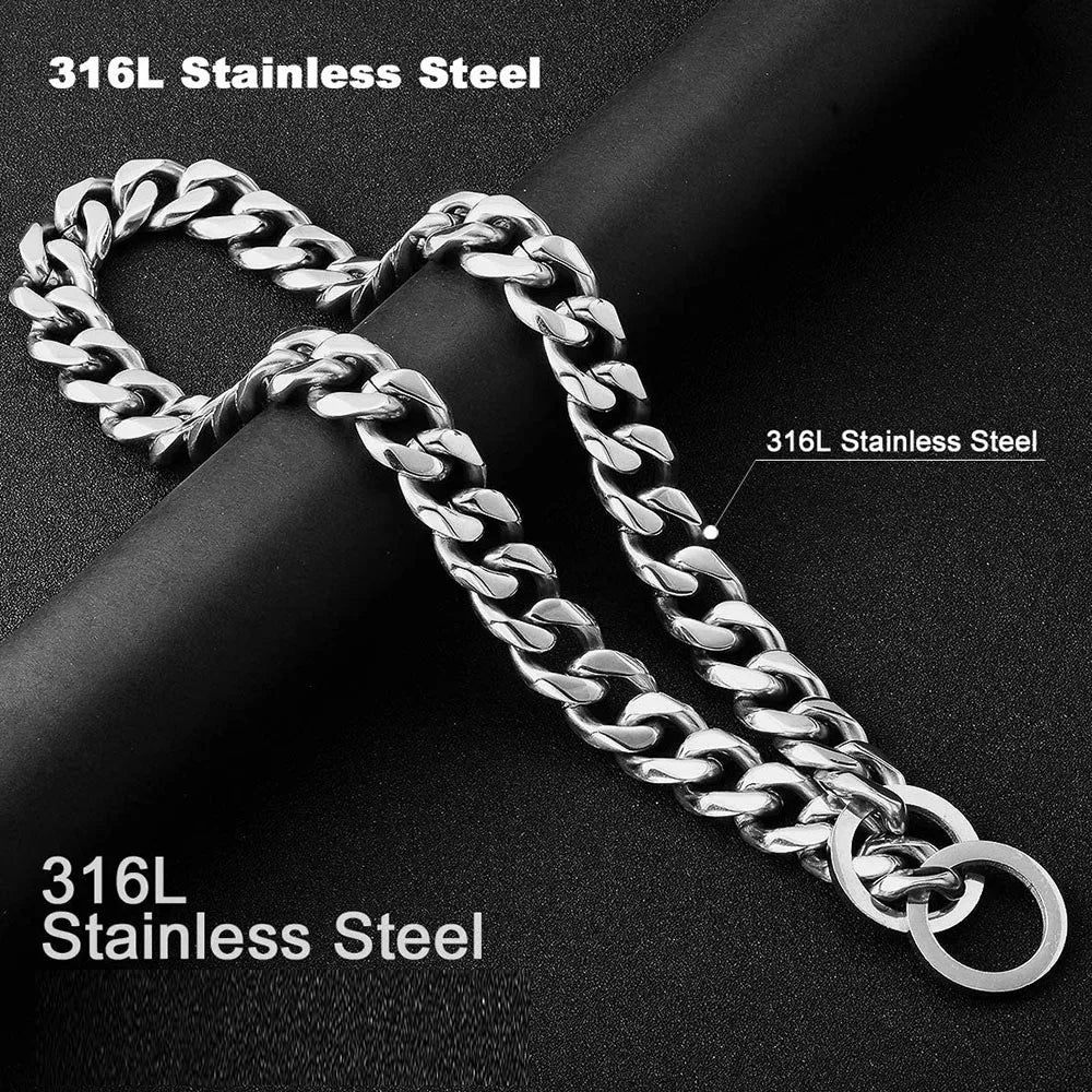 Dog Chain Collar Silvery Golden 15MM Width Cuban Link Chain for Dogs Strong Smooth Stainless Steel Metal Pet Training Slip Chain