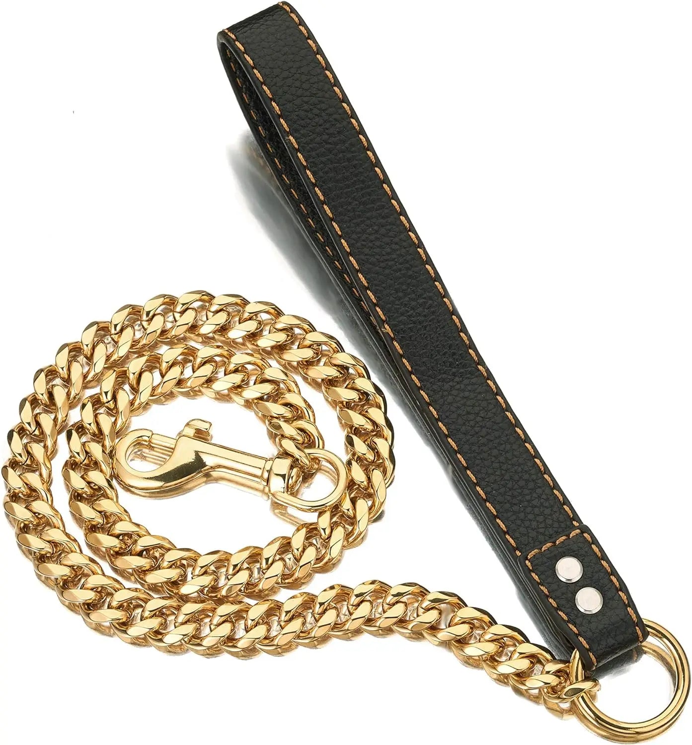 10MM Strong Stainless Steel Dog Chain Leash Heavy Duty 18K Gold Miami Cuban Link Chain with Genuine Leather Handle for Large Dog