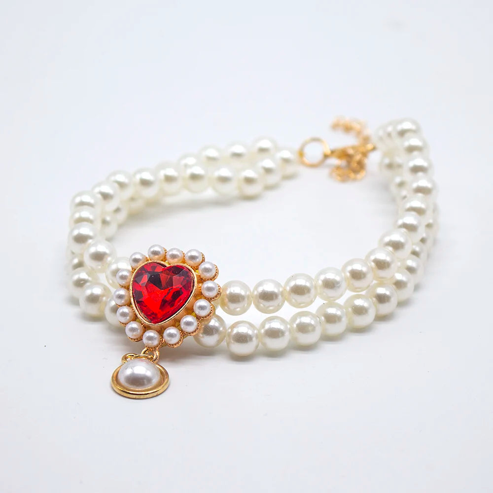 2 Rows Luxury Dog Cat Pearl Necklace Collar for Small Dogs Cats Yorkie Wedding Birthday Costume Crystal Jewelry Pet Accessories