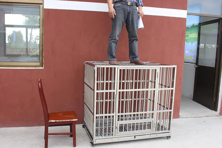 Dog cage, stainless steel square tube Large bold Folding square tube metal dog cage with tray Enough cage
