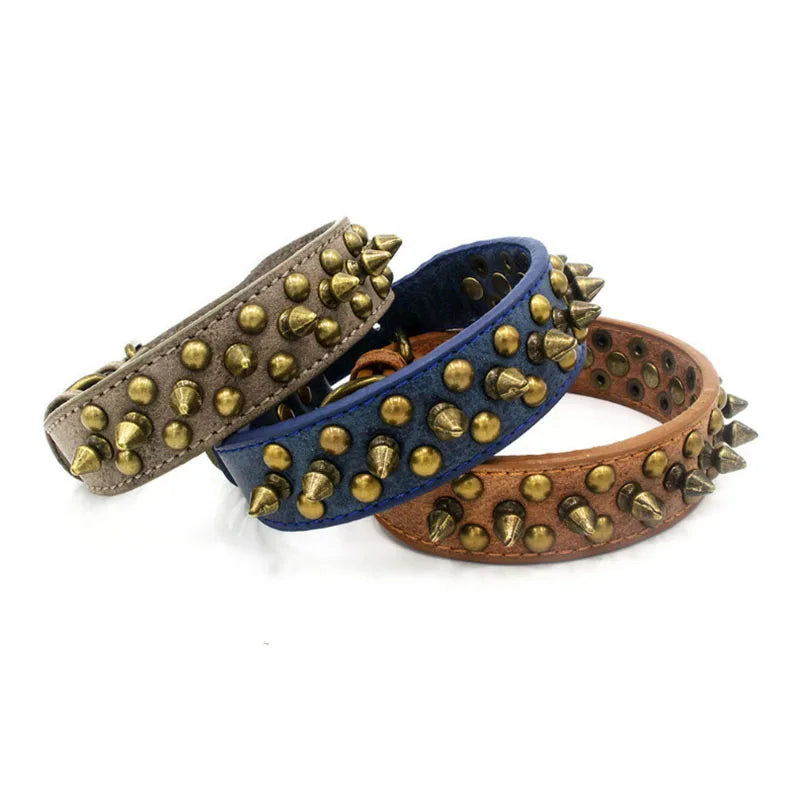 Bronze Spiked Studded Leather Dog Collars For Small Medium Large Dogs Pet Spike Collar Rivets Anti-Bite Pet Products Neck Strap