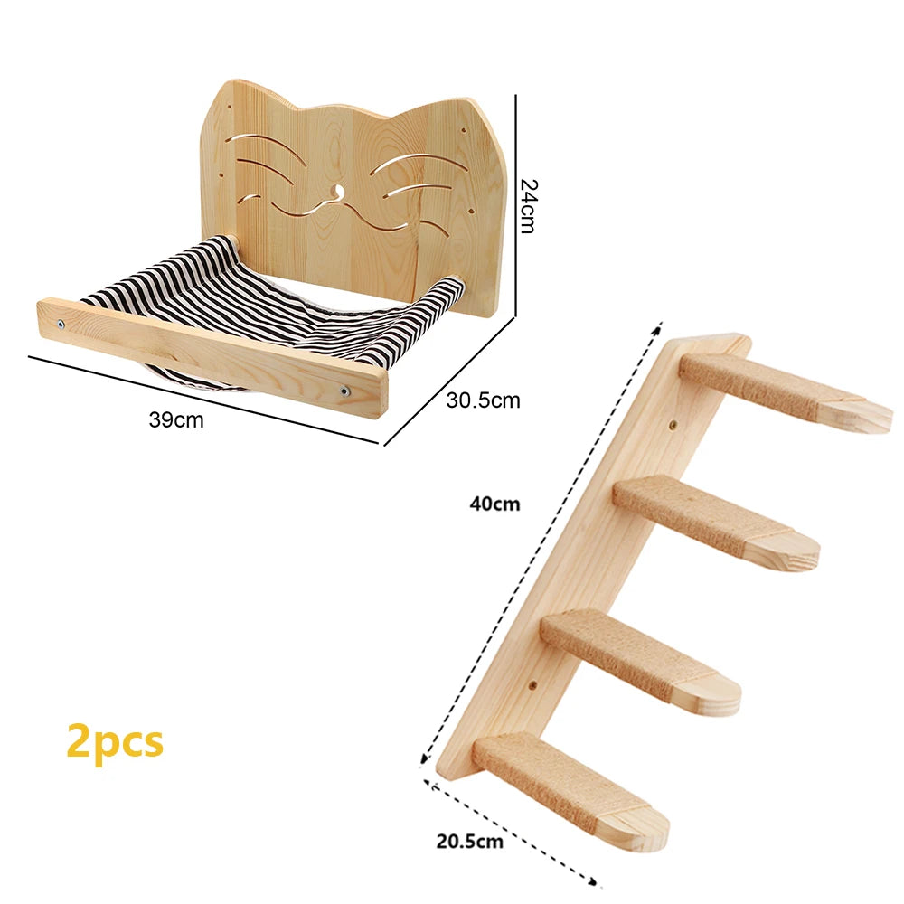 Cat Wall Mounted Solid Wooden Furniture Climbing Ladder and Cat Hammock with Scratching Post for Activity Indoor Cats Perches