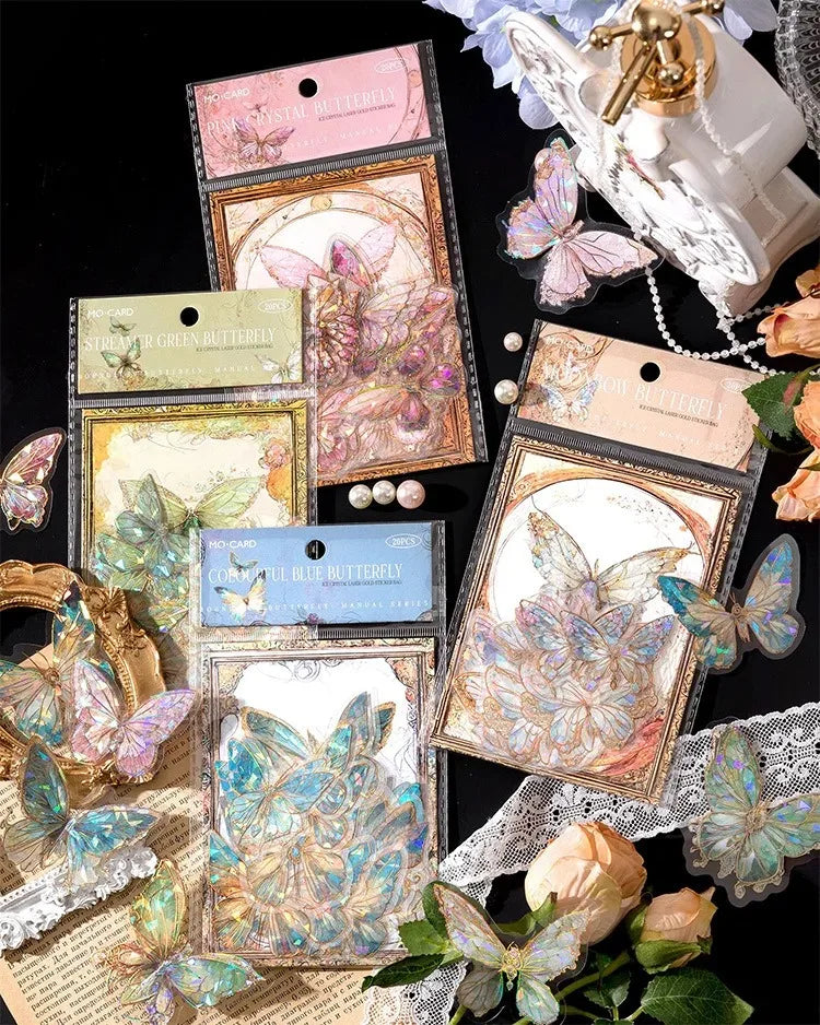 5Style 20pcs/pack INS Butterfly PET Sticker Pack Ice Crystal Laser Gold DIY Handbook Decoration 3D Scrapbook