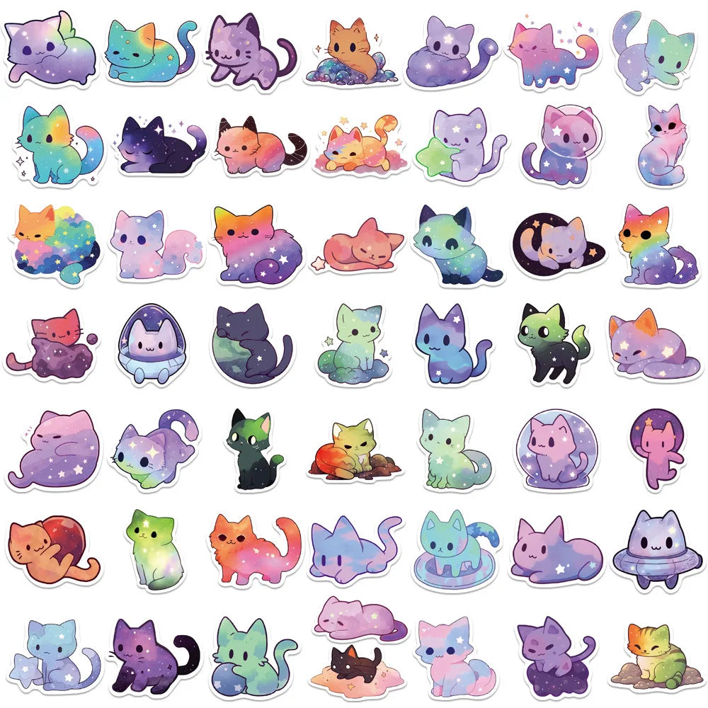 50PCS cartoon Cat Stickers Starry Sky Cat Graffiti Sticker Decorate phone Back card trunk Water cup Cute Cat Stickers waterproof