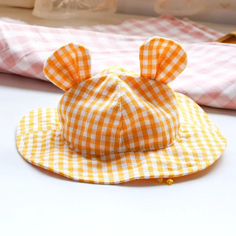 Pastoral Style Plaid Cat Hat Cute Ears Sunshade Cap for Dogs Summer Pet Headwear Unisex Outdoor Hats Chihuahua Dogs Accessories