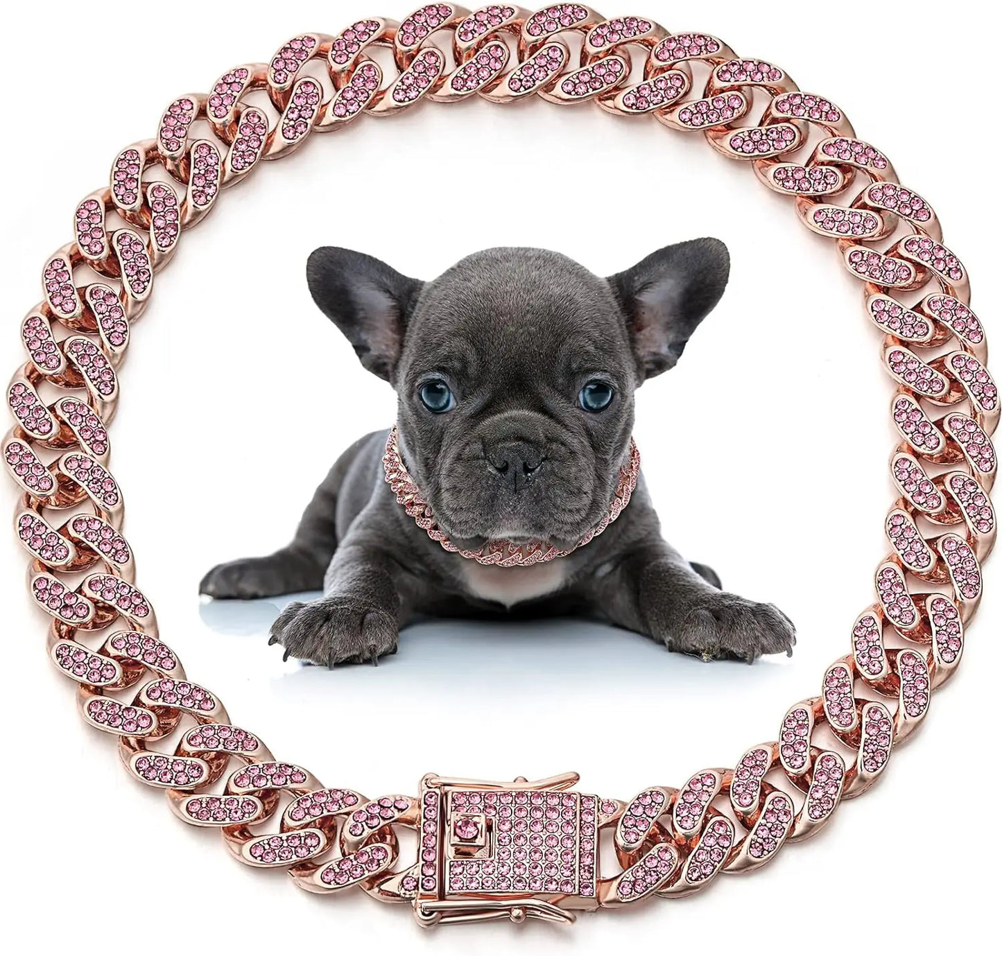 Dog Chain Collar Pink Diamond Cuban Link Necklace Metal Cat Chain Pet Crystal Collar Jewelry Accessories for Dogs Cats