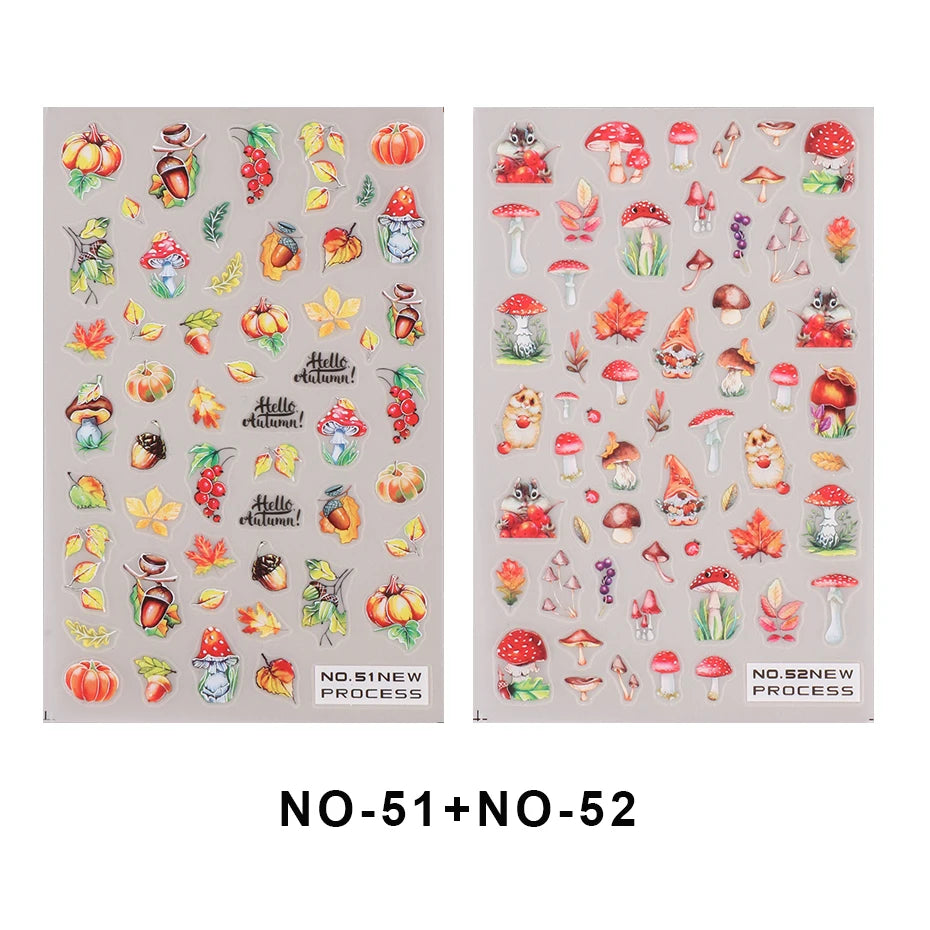 2pcs/set Autumn Maple Leaf Nail Art Sticker Bird Cotton Squirrel Mushroom Pumpkin Design Nail Decal Sliders Manicure Decoration