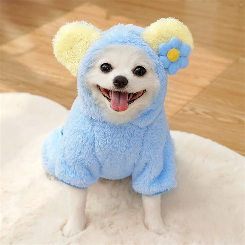 Soft Flannel Pet Dog Clothes Light Blue Solid Flower Winter Overalls for Cats New Year Cosplay Chihuahua Coat Kitten Sweatshirts
