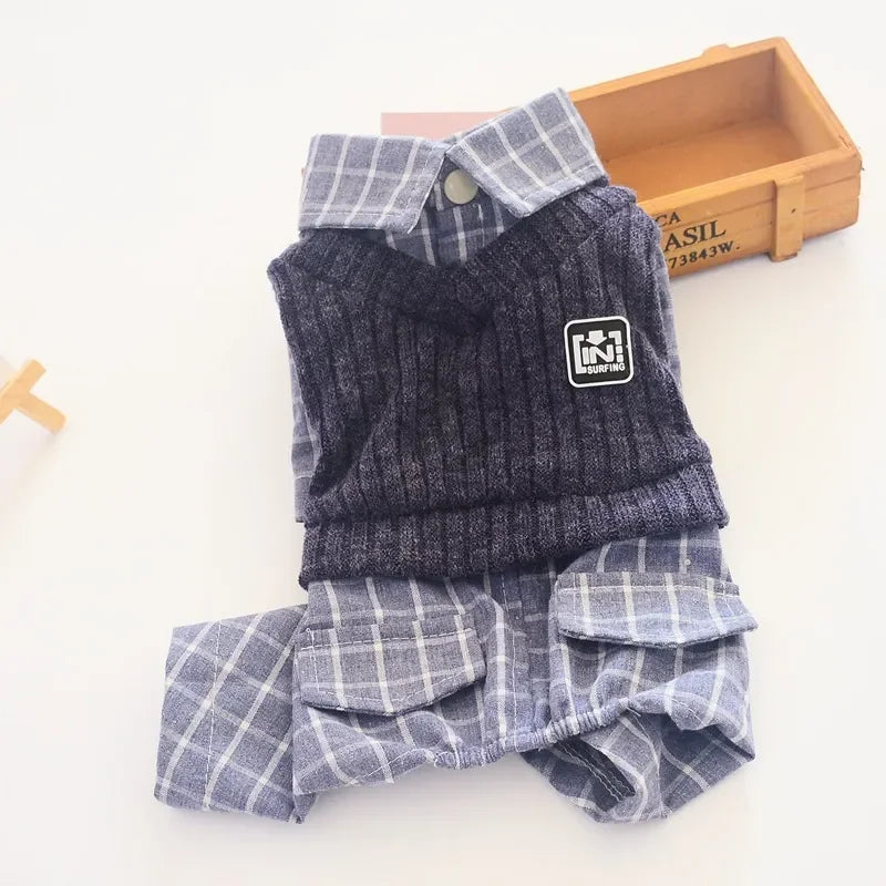 Thin Jumpsuits Dog Clothes Fake Two Piece Suit Spring Autumn Sportswear Knitted Sweater Vest & Shirt Fake Two-piecs Suit