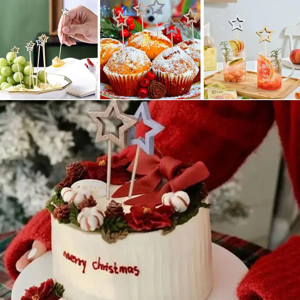 50Pcs Hollow Star Bamboo Skewers Disposable Insert Cocktail Fruit Toothpick Stick Christmas Picks Party Buffet Decor X1J5
