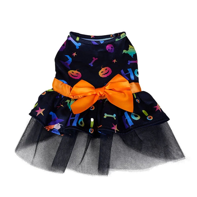 Halloween Dog Costume Funny Dog Clothes Pumpkin Print Pet Dress Chihuahua Bichon Clothing Bow Lace Festival Skirt Cat Dresses
