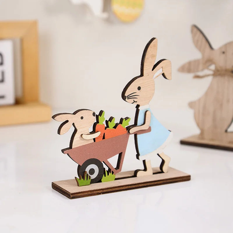 2025 Easter Wooden Rabbit Ornaments Standing Bunny with Flower for Spring Easter Party Home Table Decoration DIY Crafts Supplies