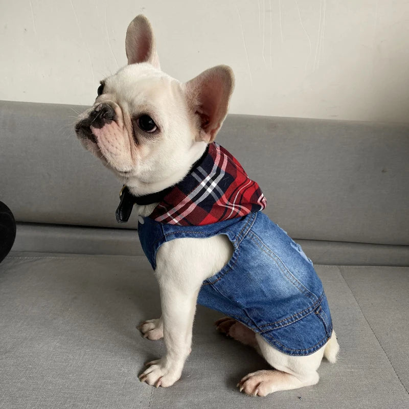 Sleeveless Denim Dog Jacket - Dark Wash, Puppy Hooded Jeans Coat Spring Summer Dog Clothes for Small Medium Dogs Bulldog Yorkie