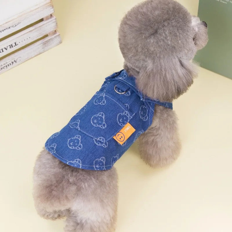 Dog Denim Dress for Small Dogs, Dark Wash Jeans Vest Tutu Skirts with Leash D-ring,Summer Clothes Yorkie Chihuahua Pet Apparel