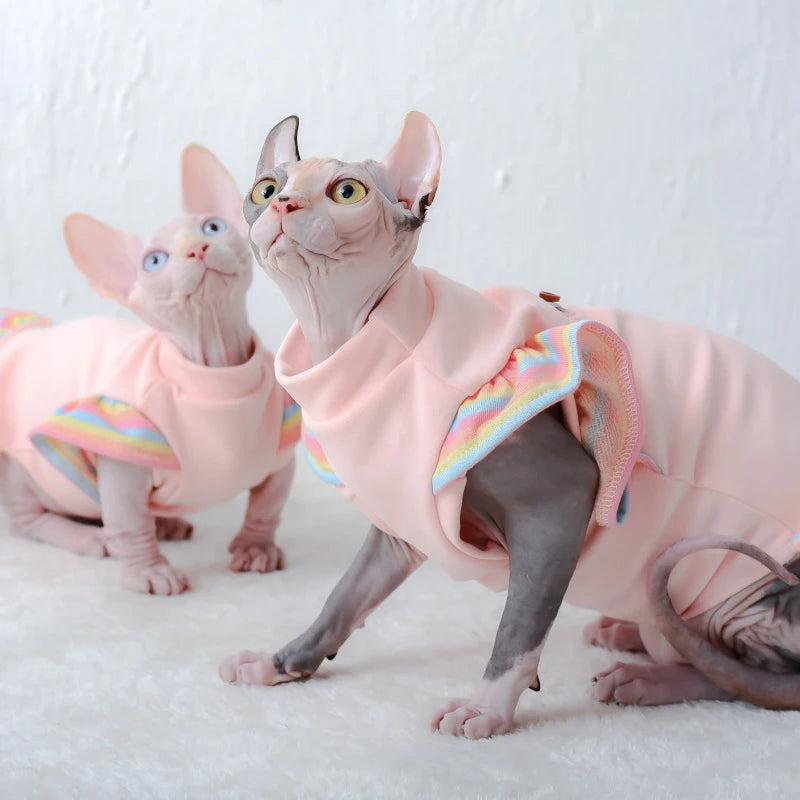 Sphynx Hairless Cat Clothes for Spring Autumn, Cute Rainbow Ruffles Sleeve Cotton Dress Pet Apparel Costume Cat Dress for Kitten
