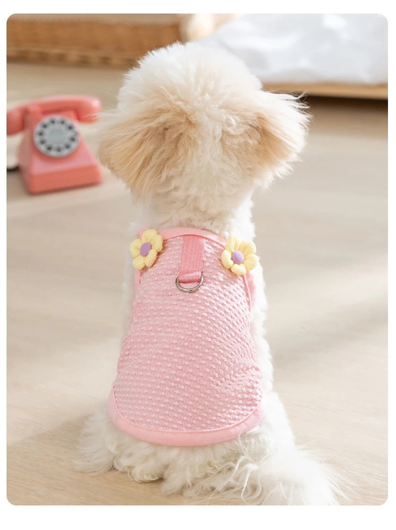 Sweet Flower Decorate Puppy Summer Clothes Breathable Unisex Small Chihuahua Pet Cat Vest Walking Leash T Shirt for York Dogs