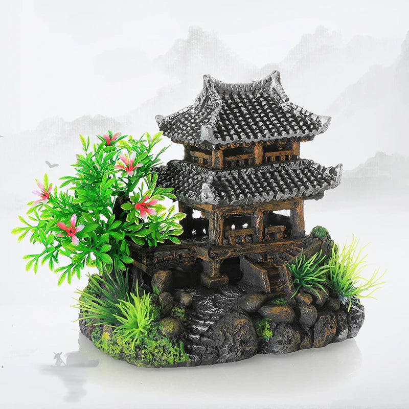 Resin Aquarium Decoration Simulated Attic Pavilion Artificial House View Rock CaveTree Fish Tank Ornament Pet Supplies Home Deco