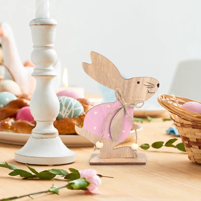 2025 Easter Wooden Rabbit Ornaments Standing Bunny with Flower for Spring Easter Party Home Table Decoration DIY Crafts Supplies