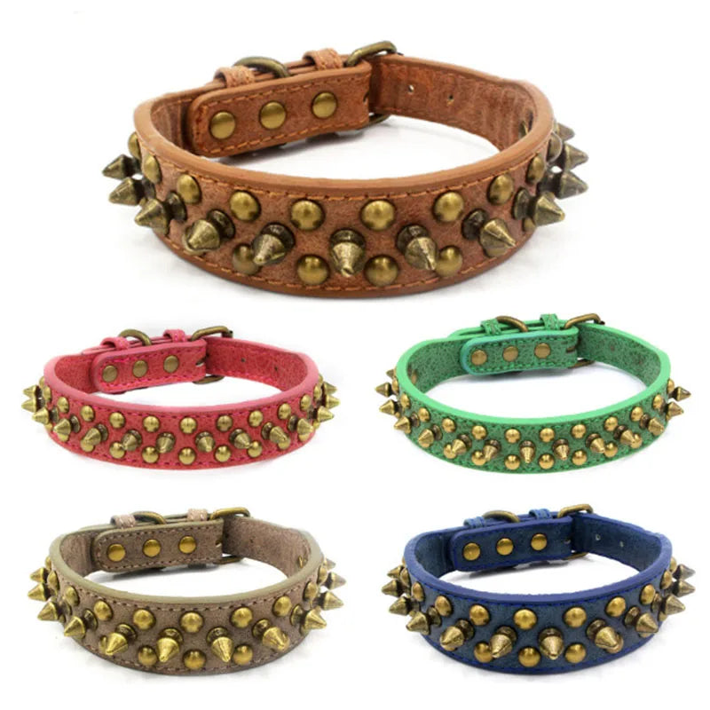 Bronze Spiked Studded Leather Dog Collars For Small Medium Large Dogs Pet Spike Collar Rivets Anti-Bite Pet Products Neck Strap