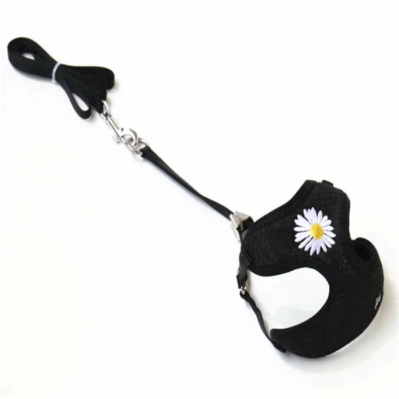 Nylon Dog Harness and Leash Set for Small Medium Dogs, Adjustable Daisy Embroidery Puppy Mesh Vest Harness Pet Accessories