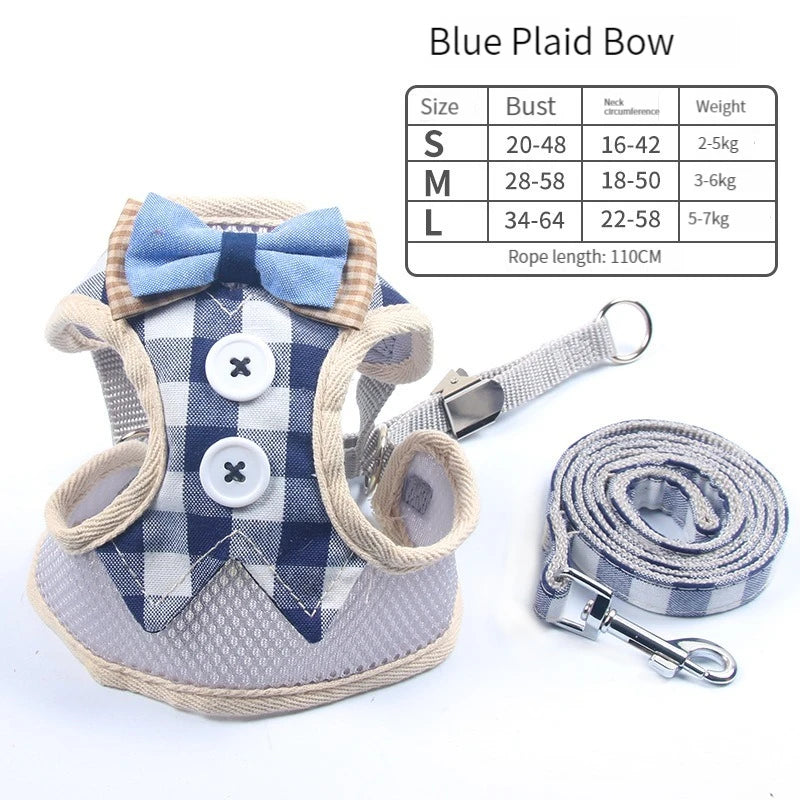 Dog Harness with Bow Plaid Cat Harness Adjustable Length Pet Harness with Dog Leash Four Colors Dog Harness and Leash Set