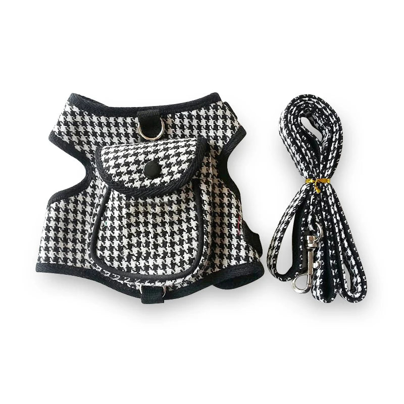 Houndstooth Small Vest PetDog Backpack Harness With Pocket Leash Lead Set Outdoor Pet Collar Walking Puppies Cats Carrier Bags