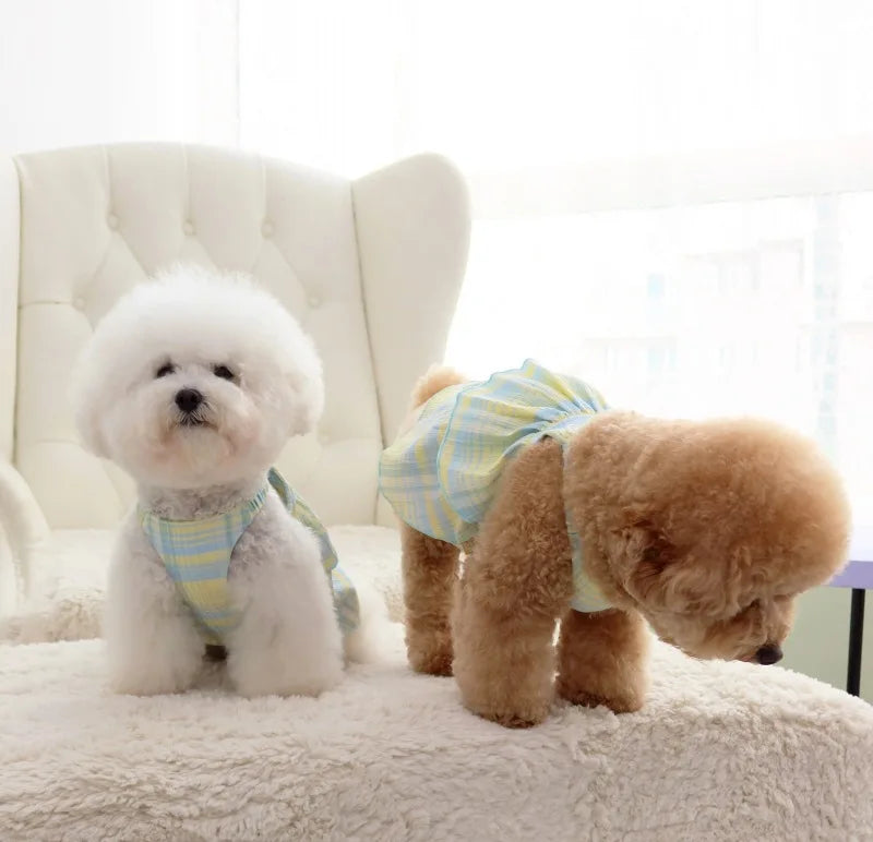 Layered Fancy Dress for Dogs Summer Vest One Piece Puppy Spring Clothes Chihuahua Light Purple Plaid Long Pet Skirt Cat Clothing