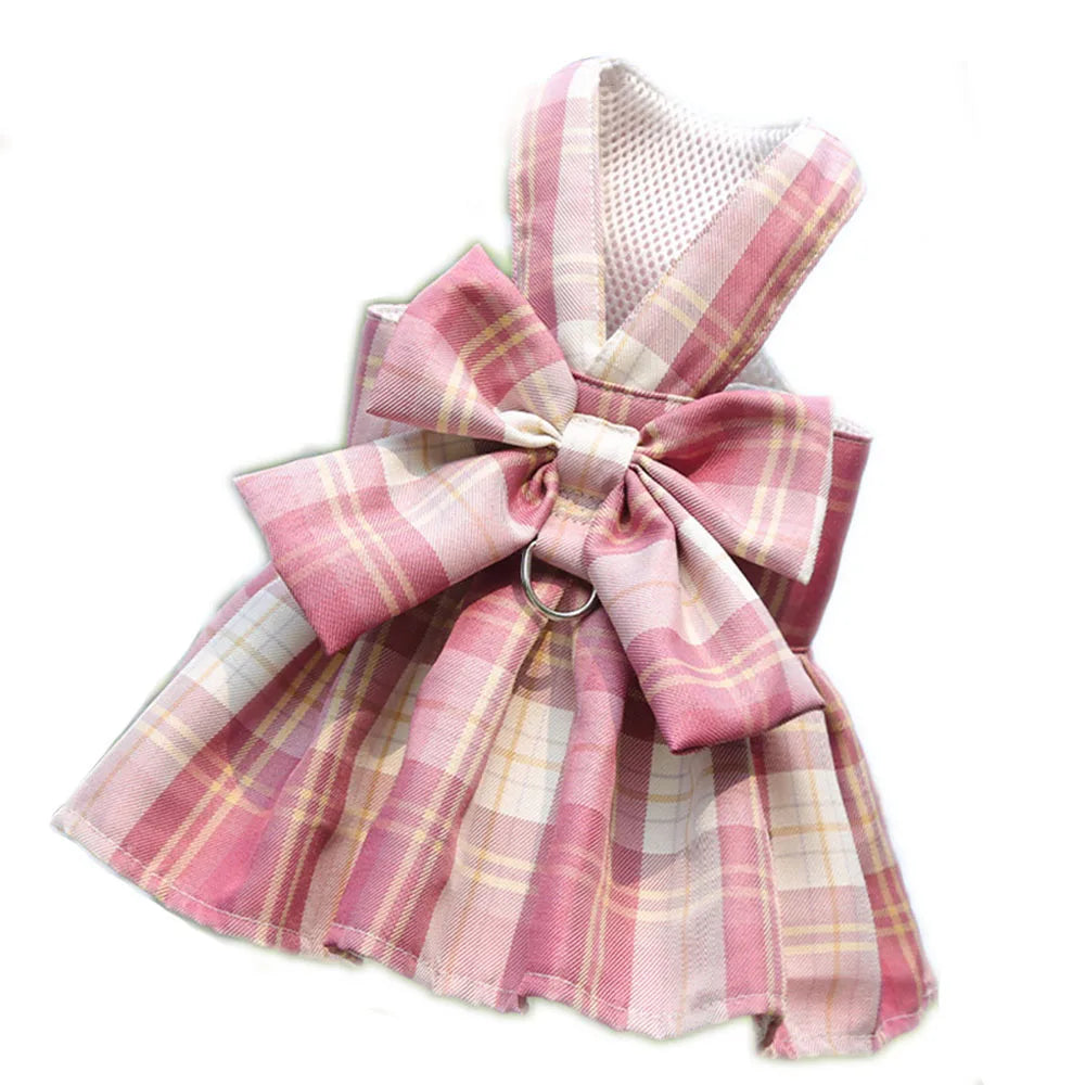 Puppy Dog Adjustable Harness Pet Plaid Skirt Cat Dog Vest Type Traction Clothes Small Dog Party Birthday Wedding Bowknot Dress