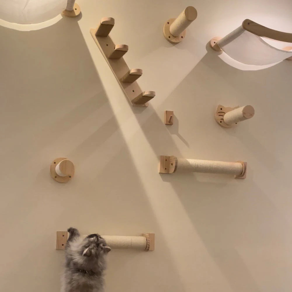 Cat Climbing Shelf Furniture Wall Mounted Cat Hammock and Wooden Stairway with Scratching Post for Cats Indoor Playing and Rest