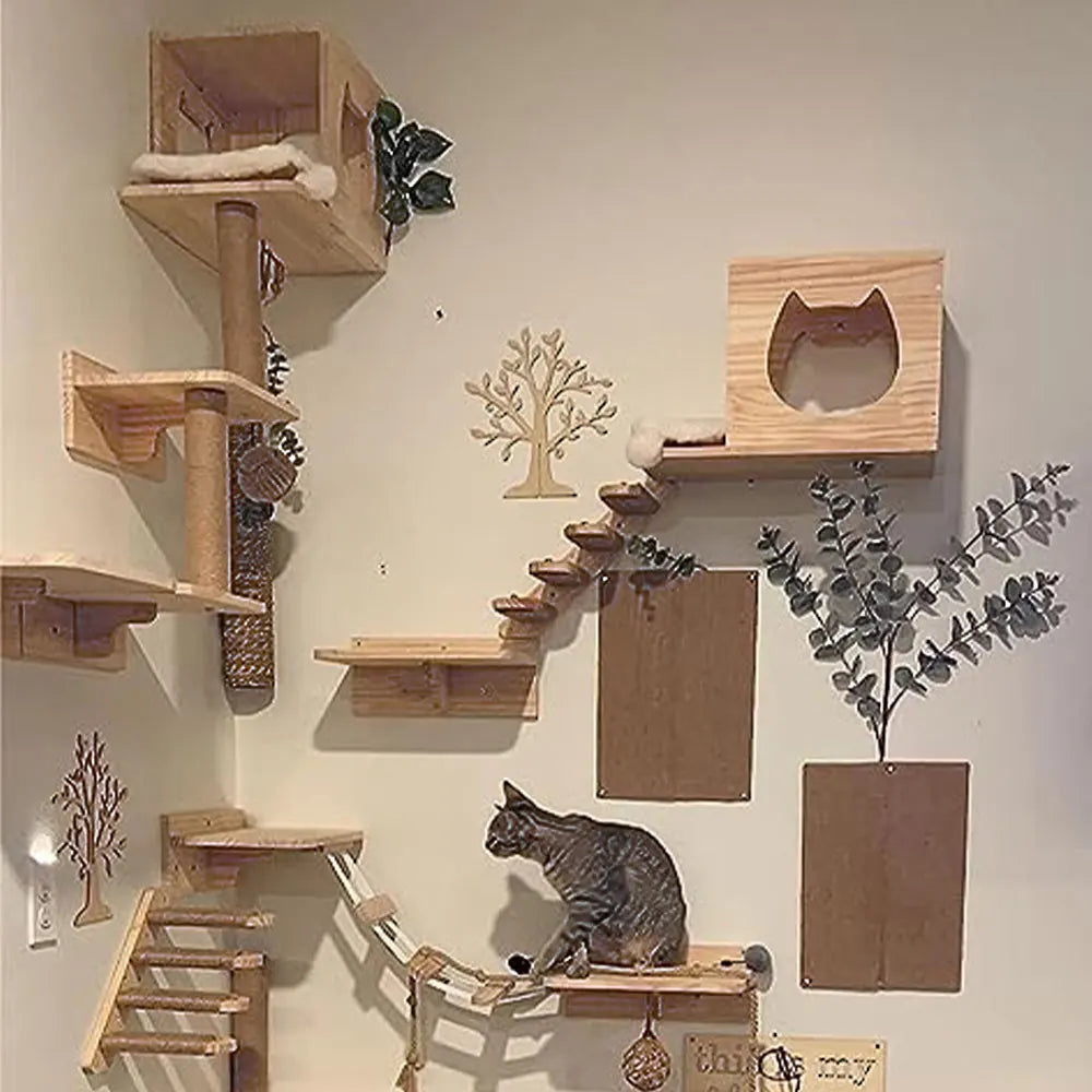 Cat Climbing Shelves Tree Tower Wall Mounted Furniture for Cats Jumping Platform Cat Scratching Post Ladder Solid Wooden Steps
