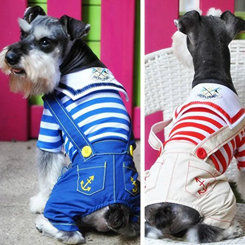 Anchor Navy Costume Dog Jumpsuit for Small Dogs, Puppy Stripe Shirt with Pants Overalls Seaman Outfits Autumn Chihuahua Clothes