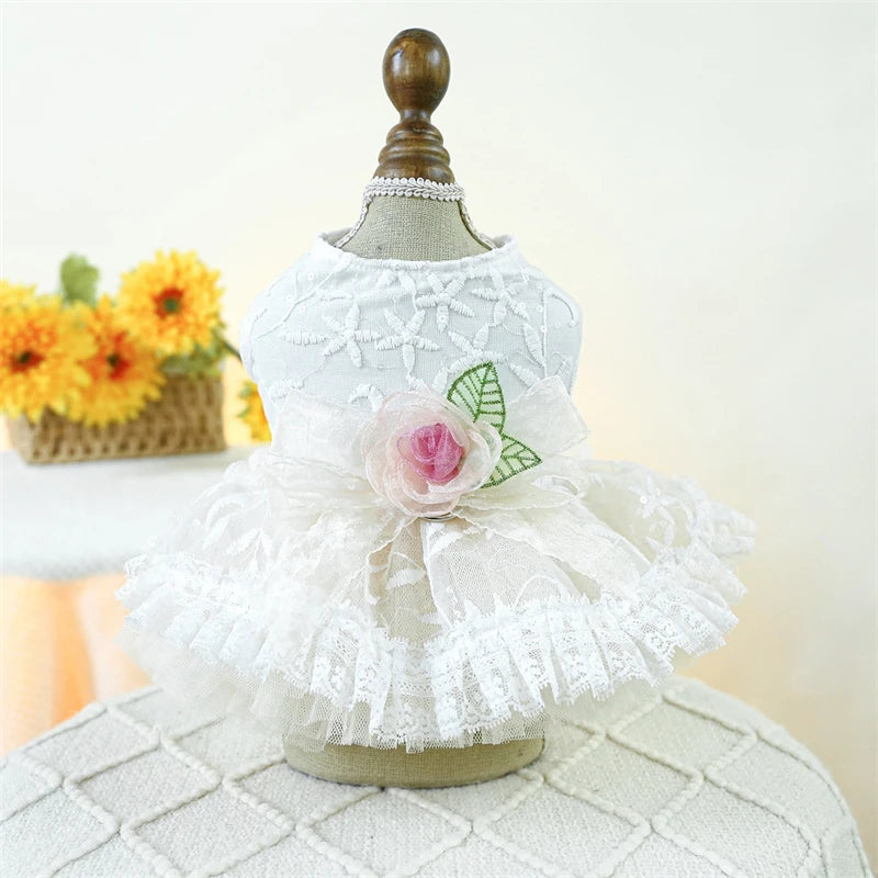 Sweet Princess Female Puppy Summer Clothes Wedding Party Dress for Dogs White Lace French Bulldog Small Medium Pet Cat Clothing