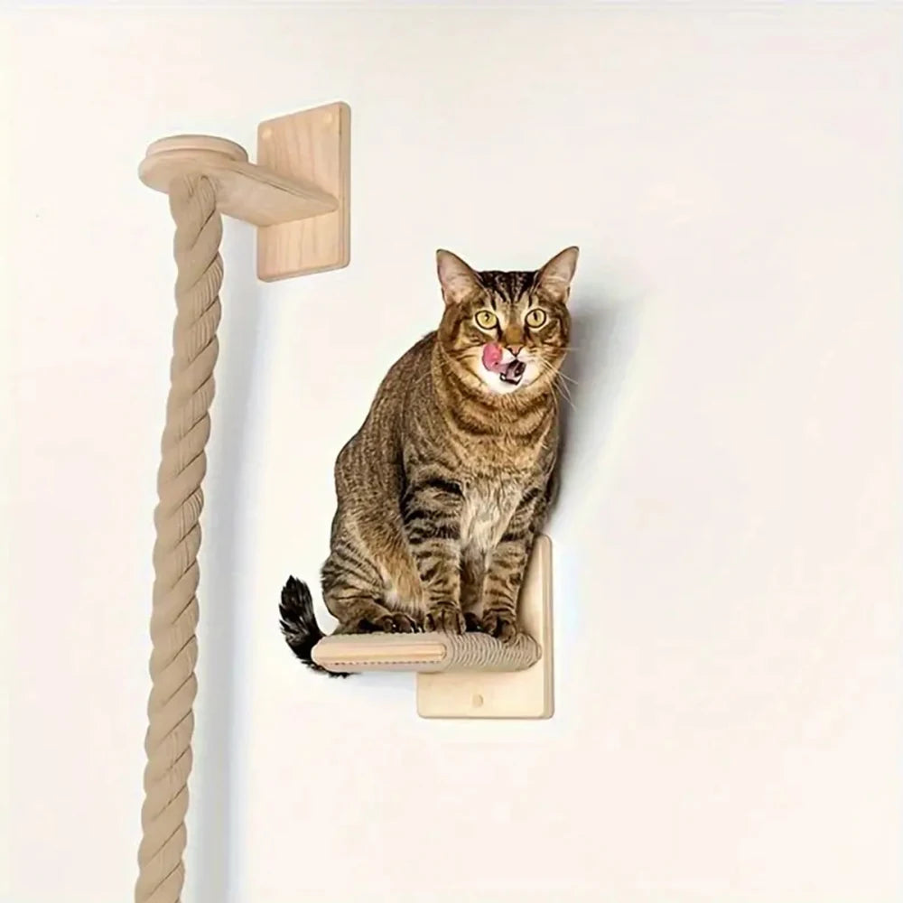 Cat Wall Shelf Perch Cat Stair with Jute Rope Cat Tree Wooden Cat Climbing Steps Kitten Training Tower Platform Pet Furniture
