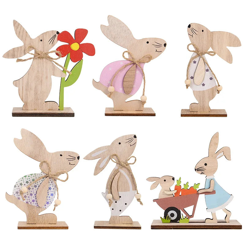 2025 Easter Wooden Rabbit Ornaments Standing Bunny with Flower for Spring Easter Party Home Table Decoration DIY Crafts Supplies