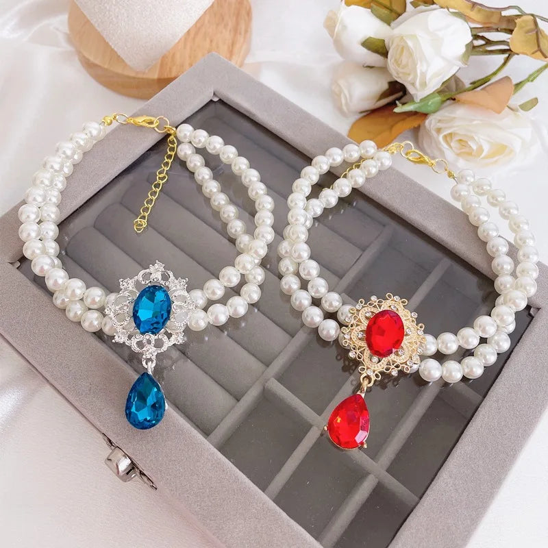 2 Rows Pet Pearls Collar Adjustable Puppy Dog Rhinestone Jewelry Necklaces with Luxury Crystal Accessories for Small Dogs Cats