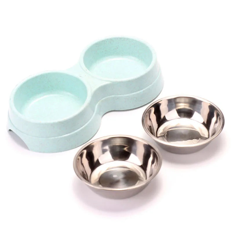 Pet Stainless Steel Bowls Double Puppy Dog Food and Water Bowls Set Cat Bowls Pet Feeder Dishes Dual Bowls for Small Dogs Cats