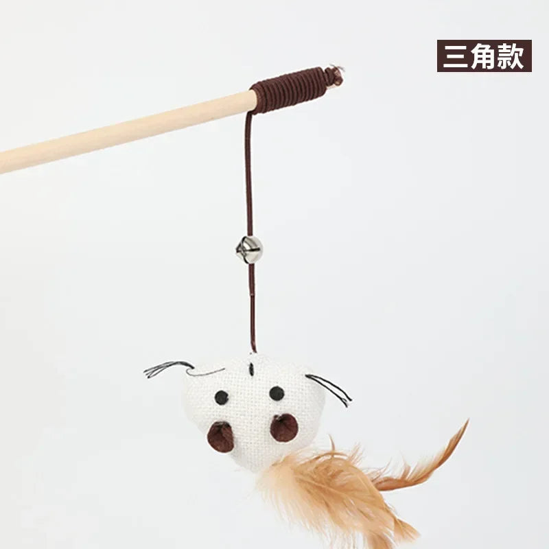40cm Pet Cat Teaser Toys Feather Linen Wand Cat Catcher Teaser Stick Cat Interactive Toys Wood Rod Mouse Toy with Mini Bell