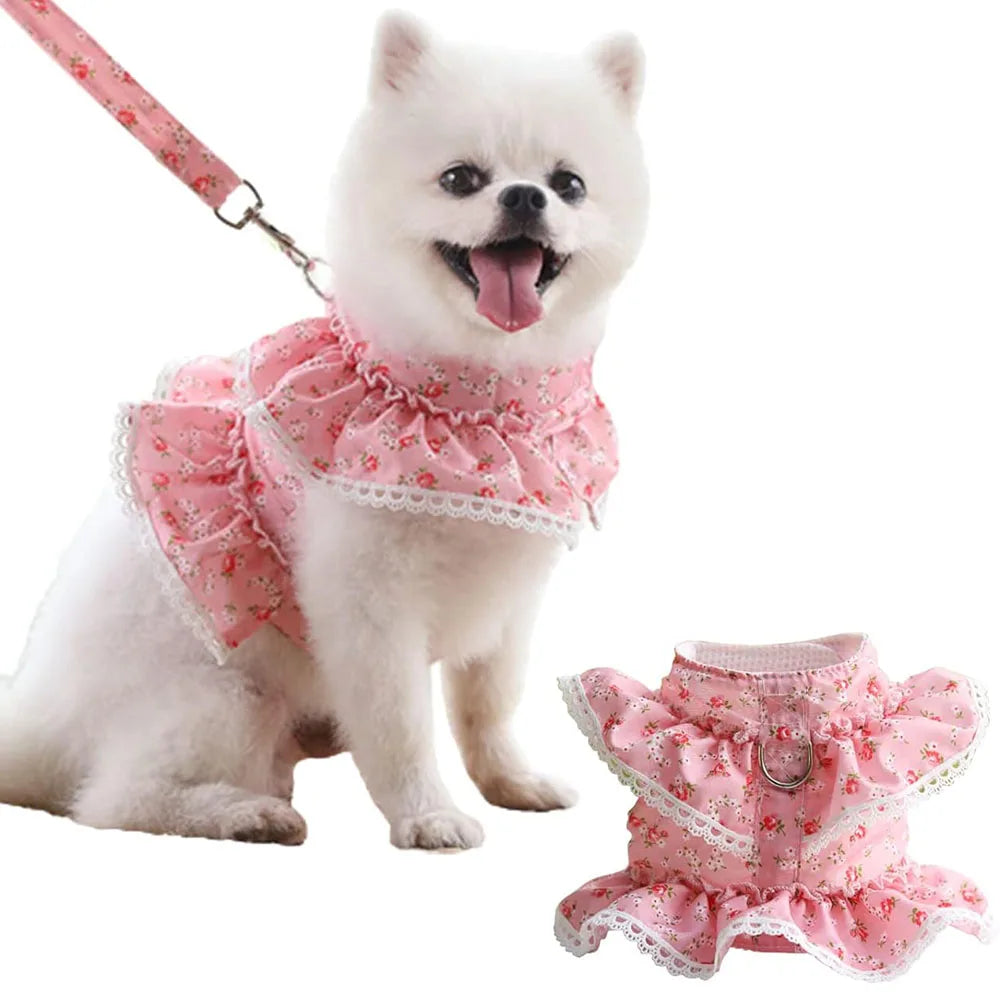 Pink Flower Puppy Harness Mesh Breathable Small Girl Dog Cat Vest Harness Cute Doggy Lace Dress Harness with Leash for Walking