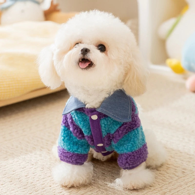 Velvet Warm Pet Cat Sweatshirts Chihuahua Half Sleeve Denim Collar Designer Striped Puppy Winter Clothes Soft Overalls for Yorks
