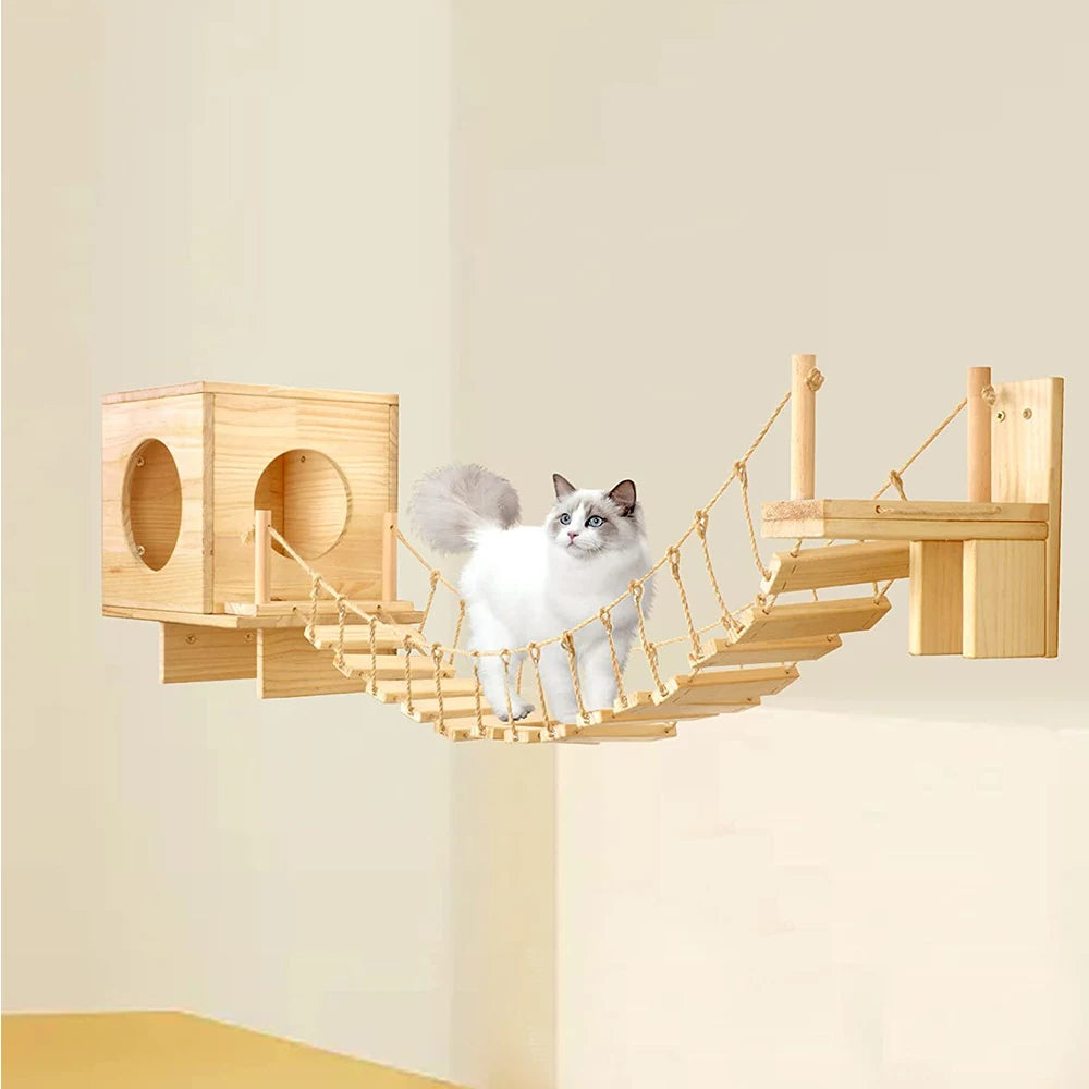 Cat Climbing Shelves Wall Mounted Cat Bridge And Cat House Wooden Pet Shelves Tree Tower For Sleeping Climbing Cat Perch Tree