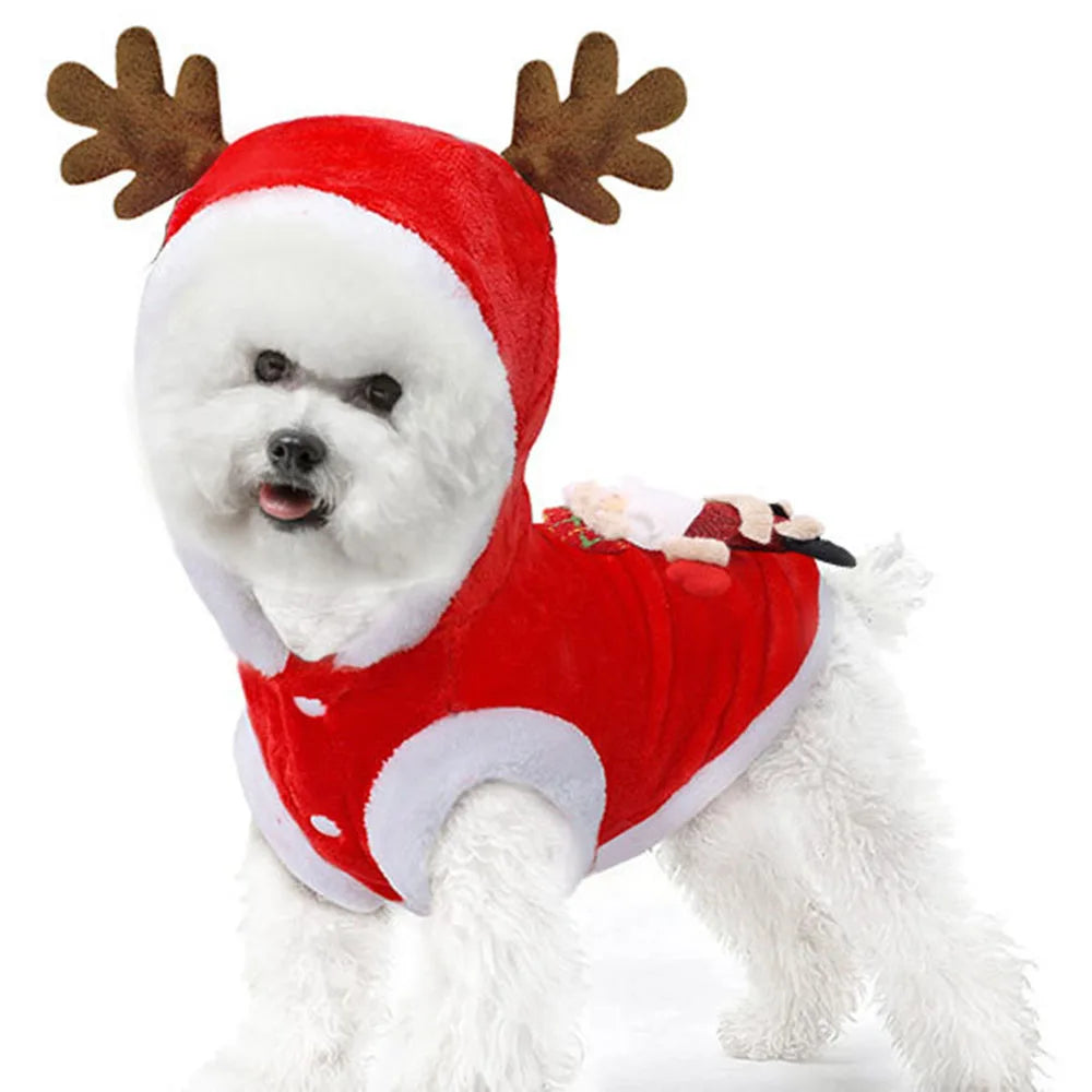 Christmas Dog Clothes Hoodie Pet Dog Sweater Flannel Antlers Scarf Winter Warm Small Dog Outfit Cat Hooded Clothing Costume Coat