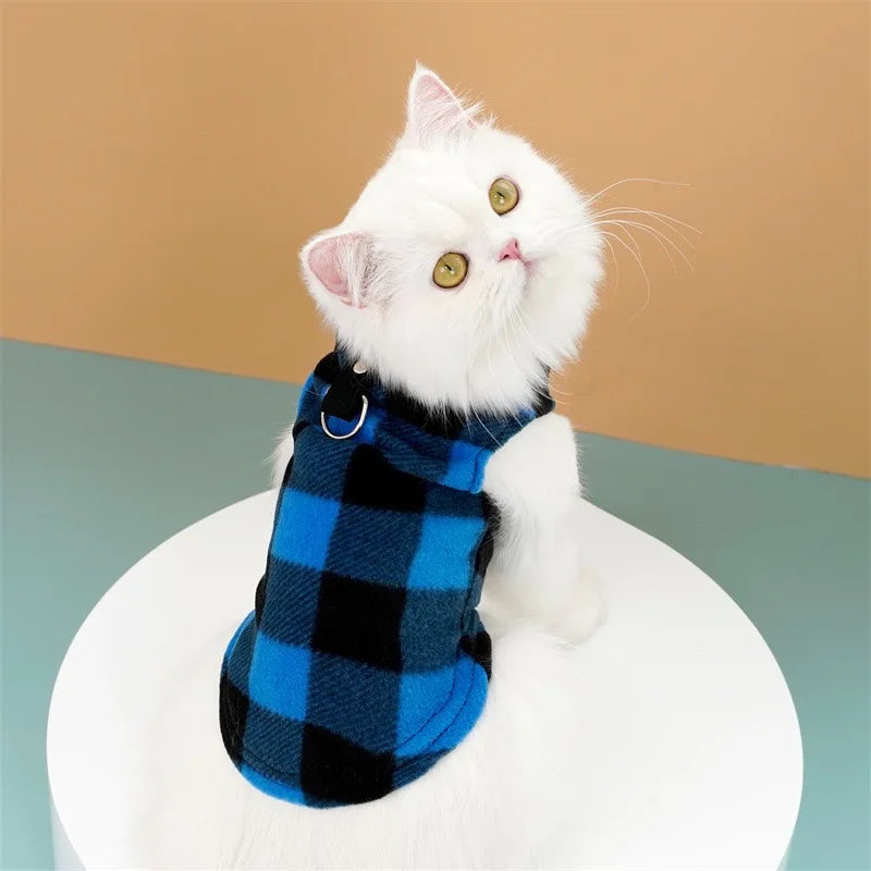 Spring Autumn Vintage Plaid Warm Fleece Pet Dog Cat Clothes Autumn Winter Thickened Vest Coat Small Medium Costume Traction Ring
