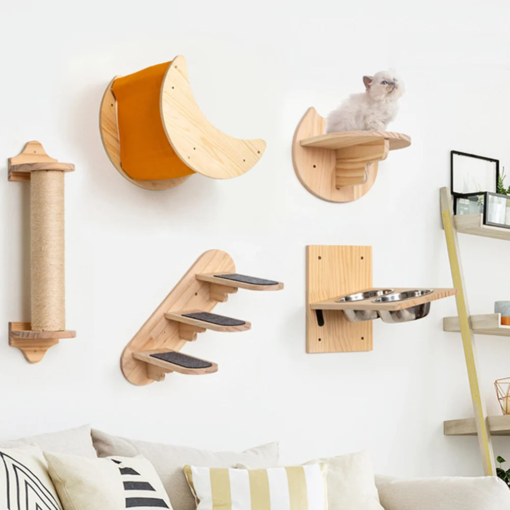 Cat Wall Mounted Shelf Furniture Wooden Cat Bed and Scratcher Post with Climbing Ladder Widen Steps for Kitten Play and Rest