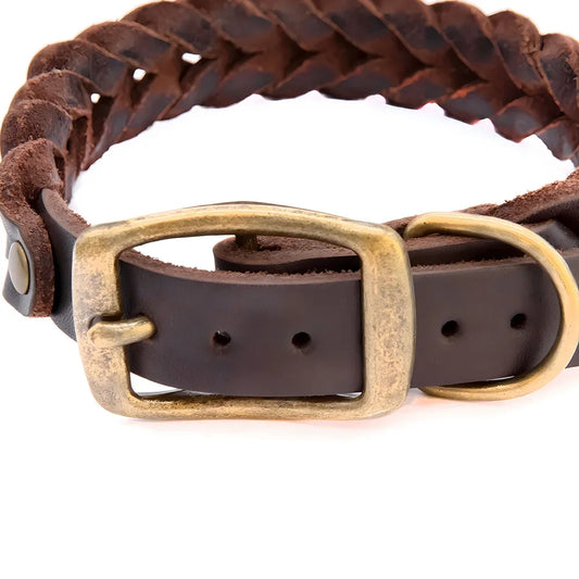 Soft Genuine Leather Braided Dog Collar Adjustable Brown Leather Dog Collar Strong and Durable for Pet Puppy Pug French Bulldog