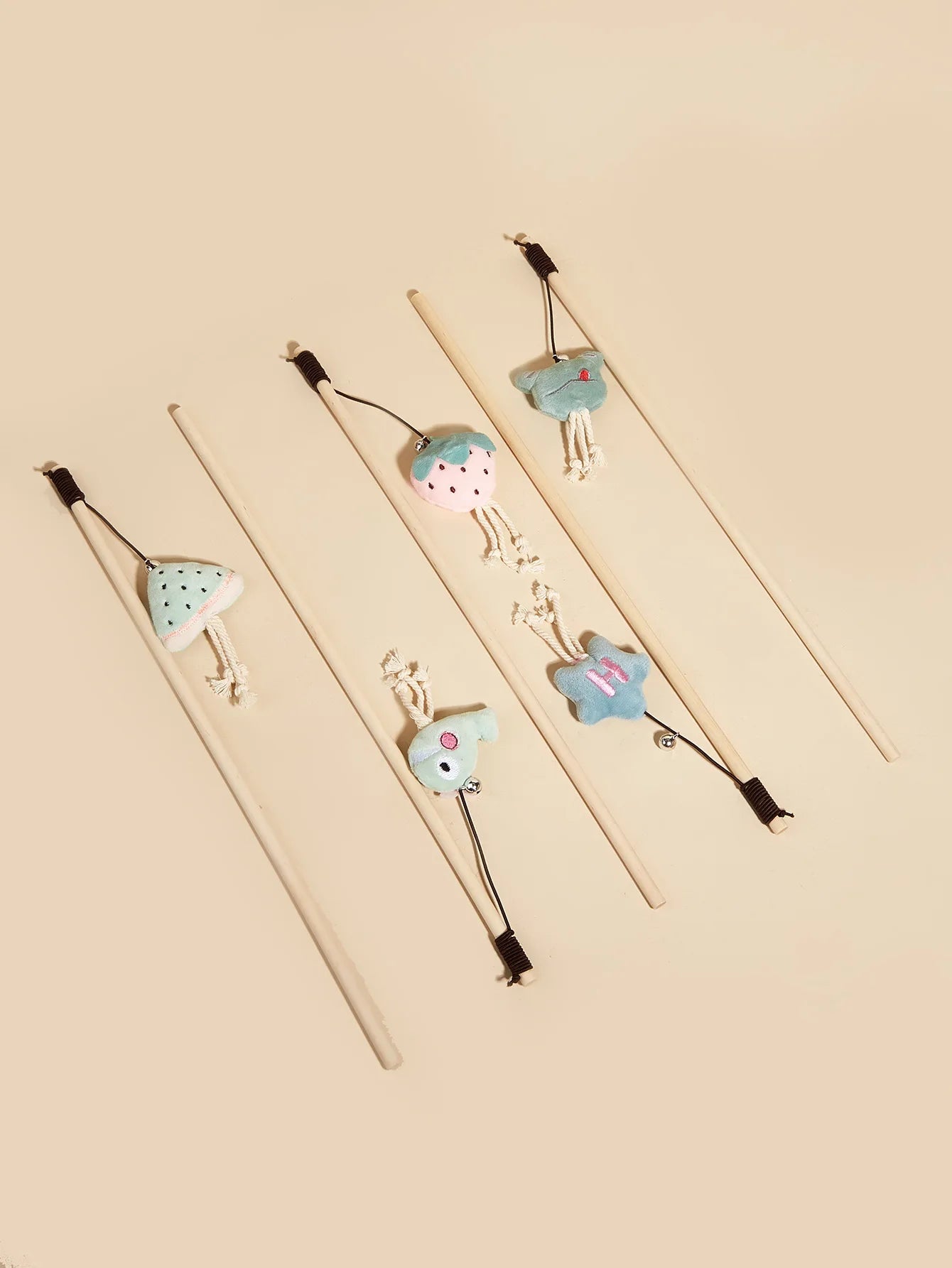Cat Toy Cat Teaser Sticks Wooden Rod Funny Cat Stick Light Color Plush Doll Elastic Rope With Bell Cat Self-hi Toy