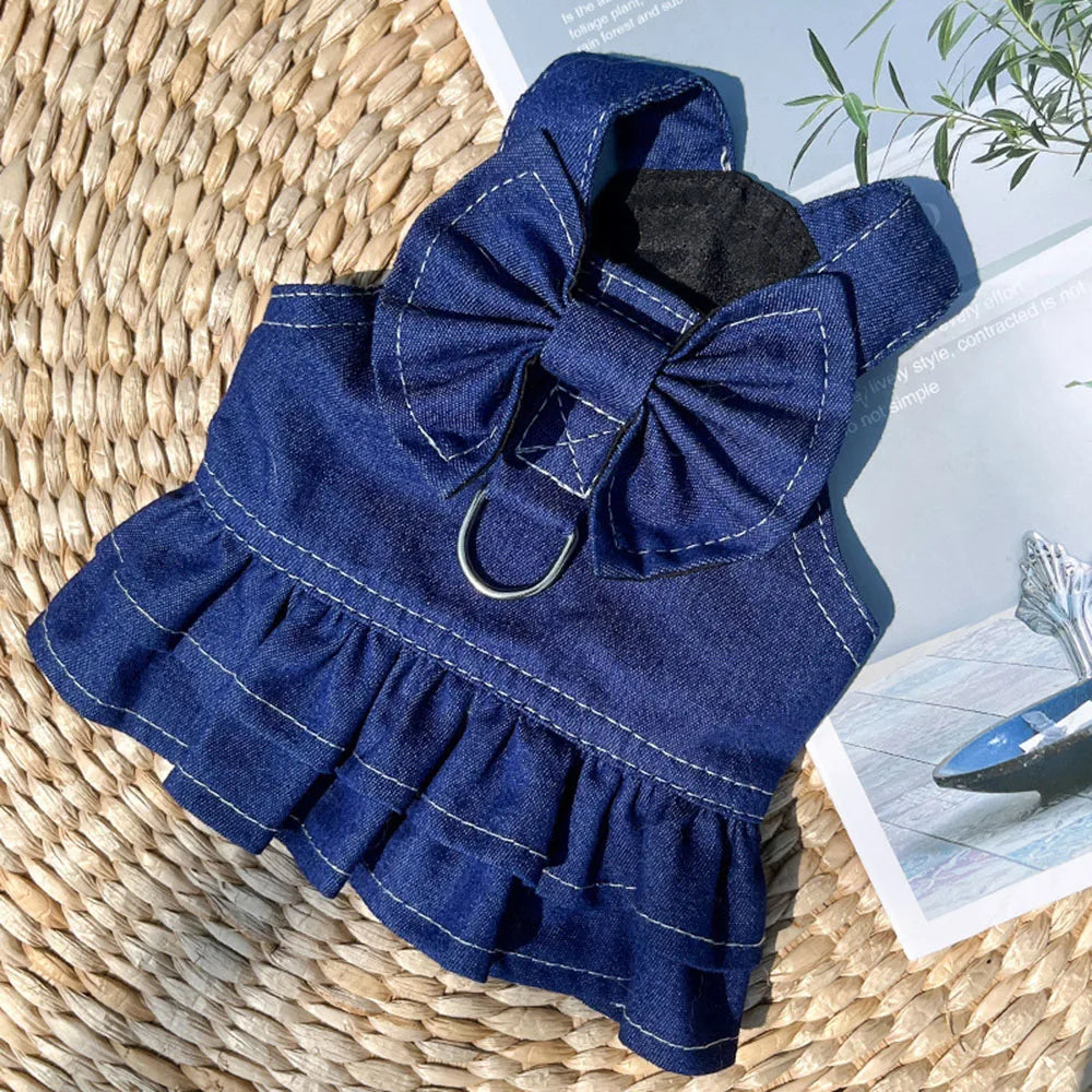 Pet Denim Clothes For Cat Dog Spring Summer Cat Dress Harness Kitten Jeans Shirt Cat Bowtie Skirt Dress Vest Harness with D-Ring
