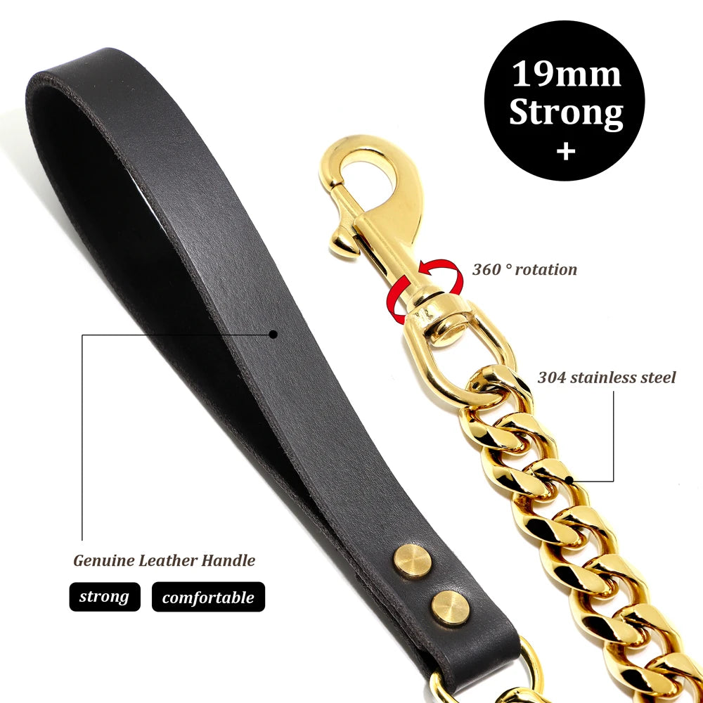 19mm Durable Stainless Steel Dog Leash Training Collar for Medium and Large Dogs Pitbull Gold and Silver Chain Lead