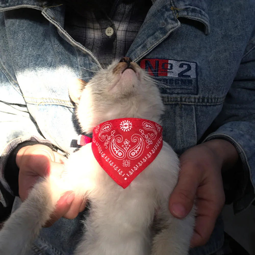 Small Dog Cat Bandana Collar Adjustable Puppy Dog Kitten Neckerchief PU Collar with Printed Triangular Scarf Pet Collar for Cat